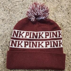 PINK Victoria's Secret Pom Beanie Hat Cap Women's One Size Stretch Maroon Knit